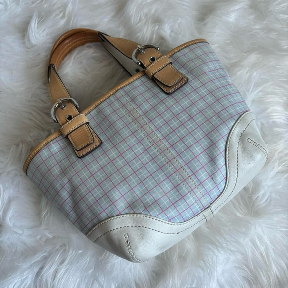 Coach Plaid Tattersall Blue Mini Tote Bag with Leather Handles - Picture 5 of 8